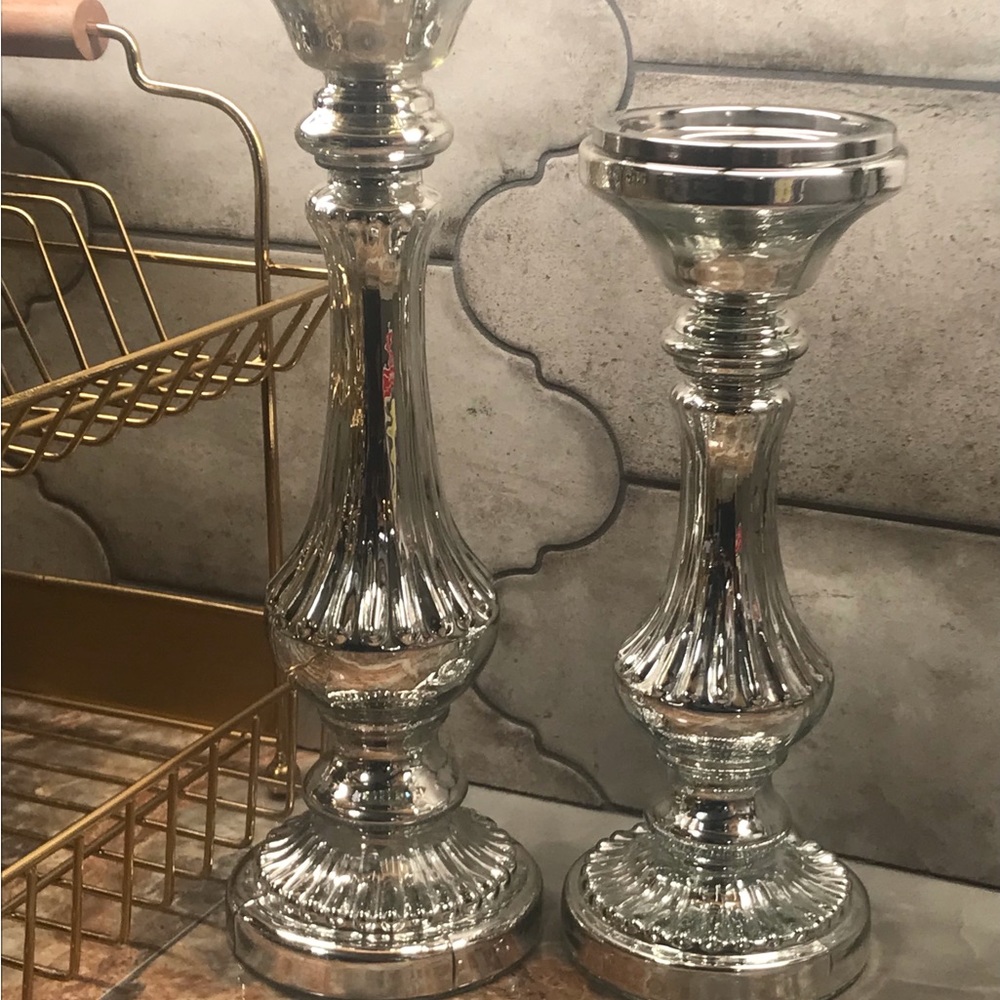 Glass Silvertoned Candle Pillars by Portofino Home